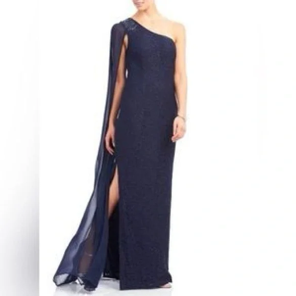 Adrianna Papell Navy Cape-Sleeved Evening Lace Gown One Shoulder Dress Size 6 - Picture 1 of 13